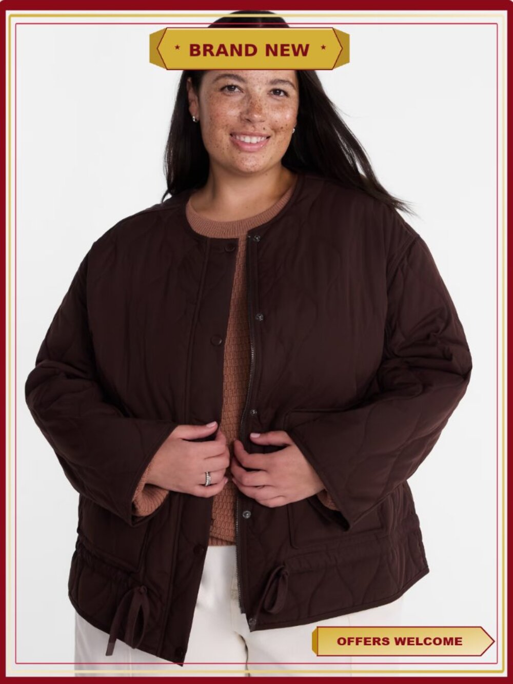 Plus Size Quilted Jacket Lightweight Patch Pockets Layering